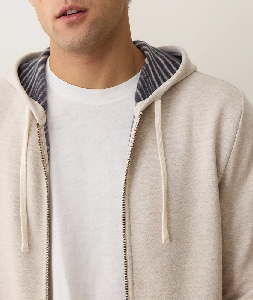 Cloud 9 Full Zip Hoodie in Oatmeal – Close-up of striped hood lining and soft fleece texture – The Simple Man