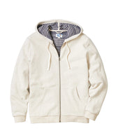 Flat lay of Cloud 9 Full Zip Hoodie – Oatmeal color with navy stripe hood lining and front pockets – The Simple Man