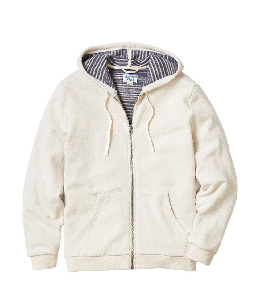 Flat lay of Cloud 9 Full Zip Hoodie – Oatmeal color with navy stripe hood lining and front pockets – The Simple Man