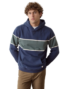 Man wearing Mood Indigo Colorblock fleece hoodie, front view on model - The Simple Man