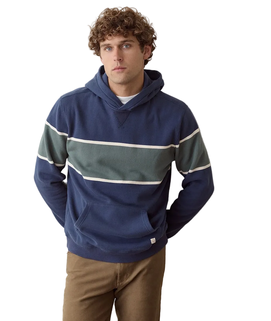 Man wearing Mood Indigo Colorblock fleece hoodie, front view on model - The Simple Man