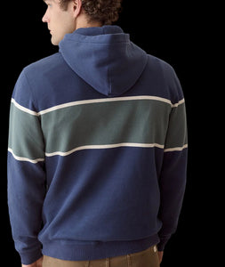 Man wearing Mood Indigo Colorblock fleece hoodie, back view on model - The Simple Man