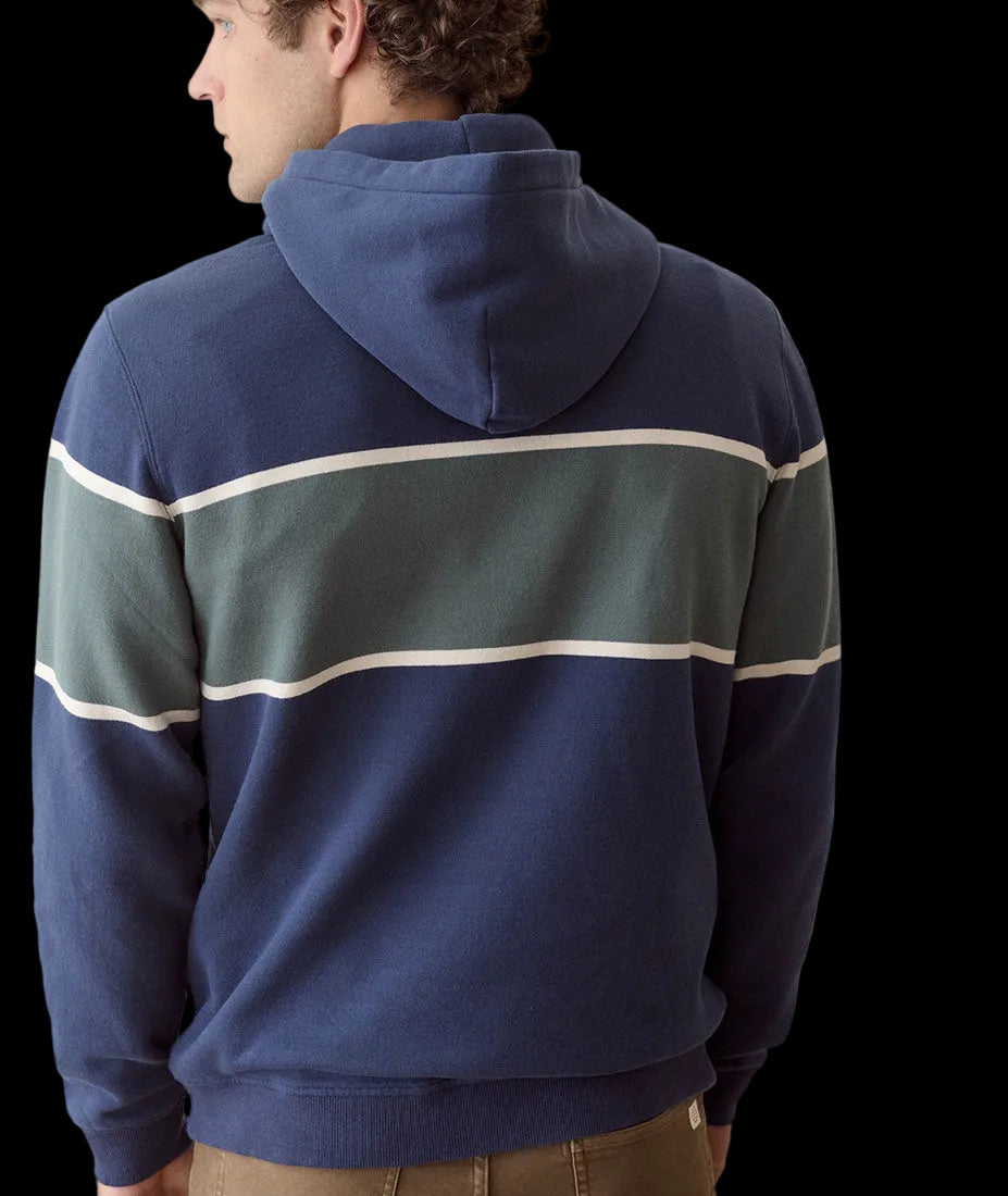 Man wearing Mood Indigo Colorblock fleece hoodie, back view on model - The Simple Man