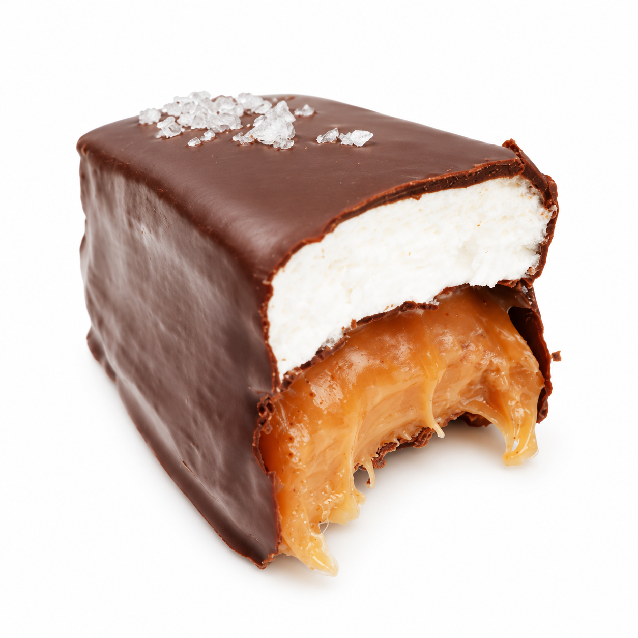Cutaway of a Cloud 9 mini chocolate bar showing a marshmallow layer over salted caramel inside a dark chocolate shell, The Simple Man