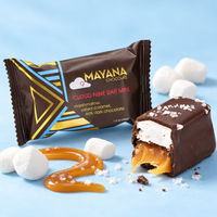 Cloud 9 mini chocolate bar in its wrapper beside a cut piece showing marshmallow over salted caramel in a dark chocolate coat, on a blue background, The Simple Man