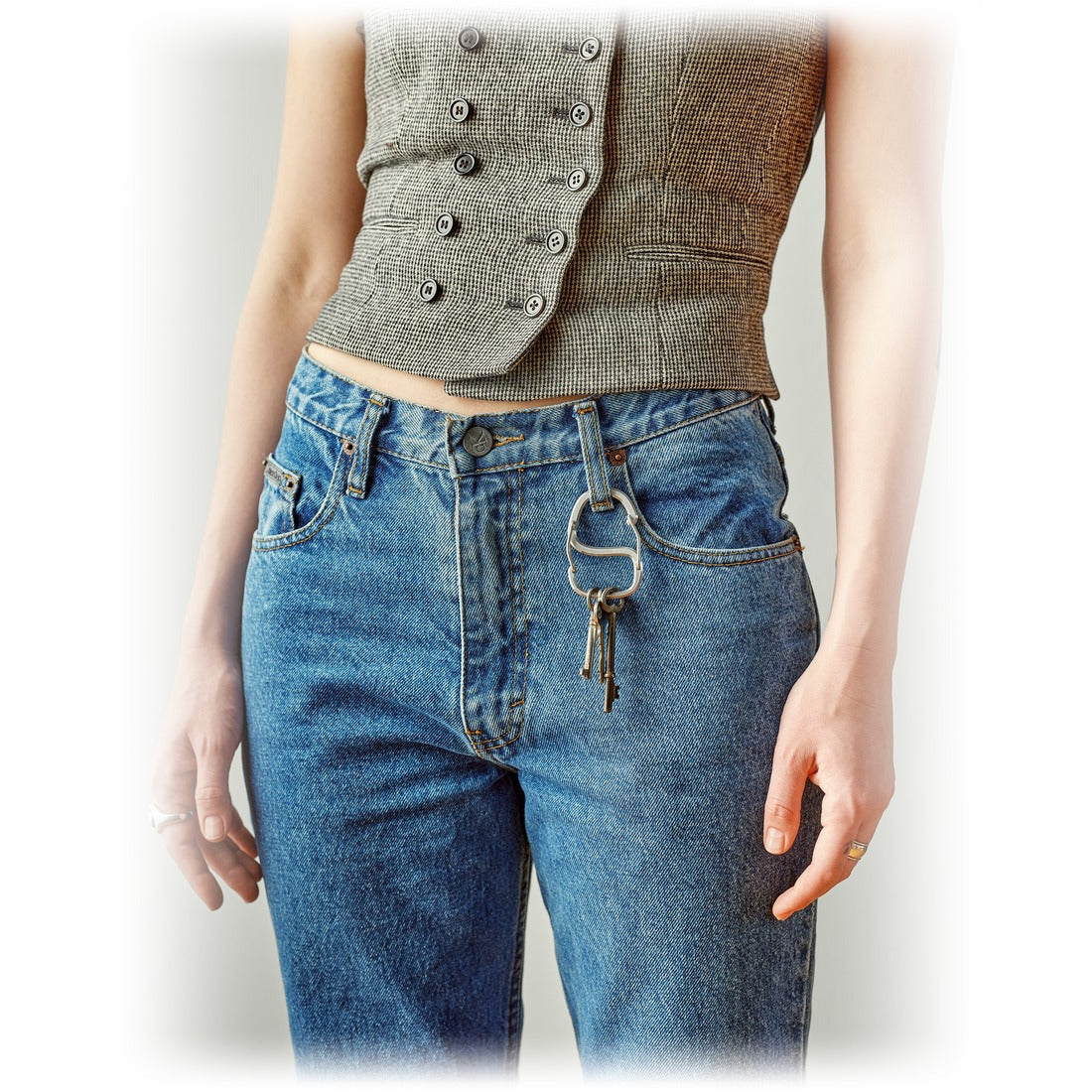 Coachwhip Carabiner clipped to the belt loop of jeans with keys attached, on model - The Simple Man