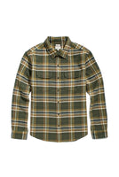 The Cole Slim Shirt by Bridge & Burn in Mountain Green plaid shown on wooden hanger, highlighting slim fit and double chest pocket construction
