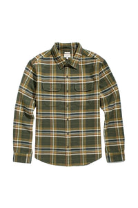 The Cole Slim Shirt by Bridge & Burn in Mountain Green plaid shown on wooden hanger, highlighting slim fit and double chest pocket construction