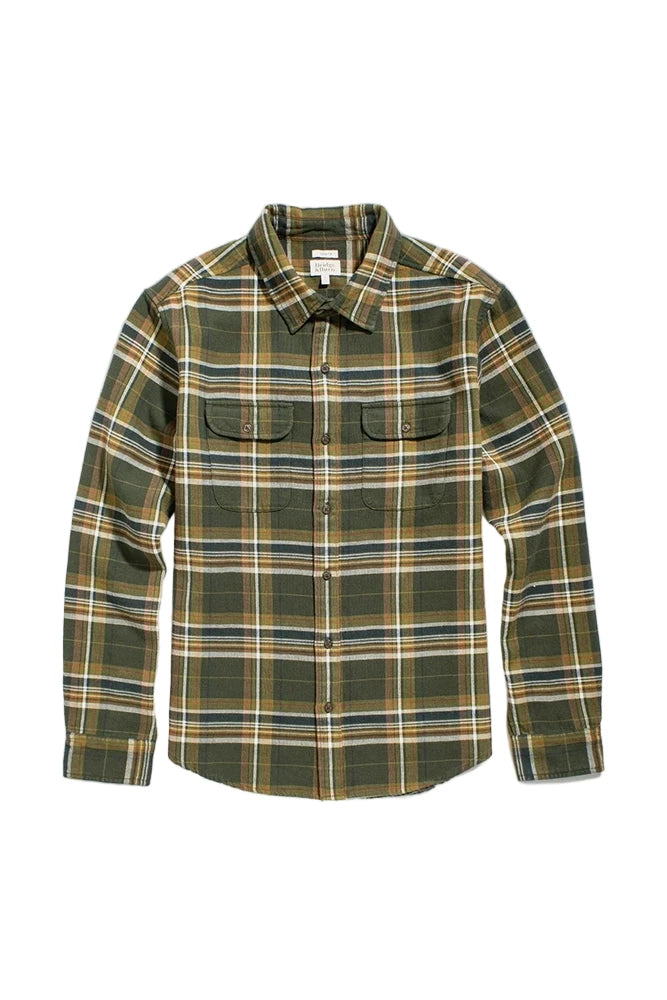 The Cole Slim Shirt by Bridge & Burn in Mountain Green plaid shown on wooden hanger, highlighting slim fit and double chest pocket construction