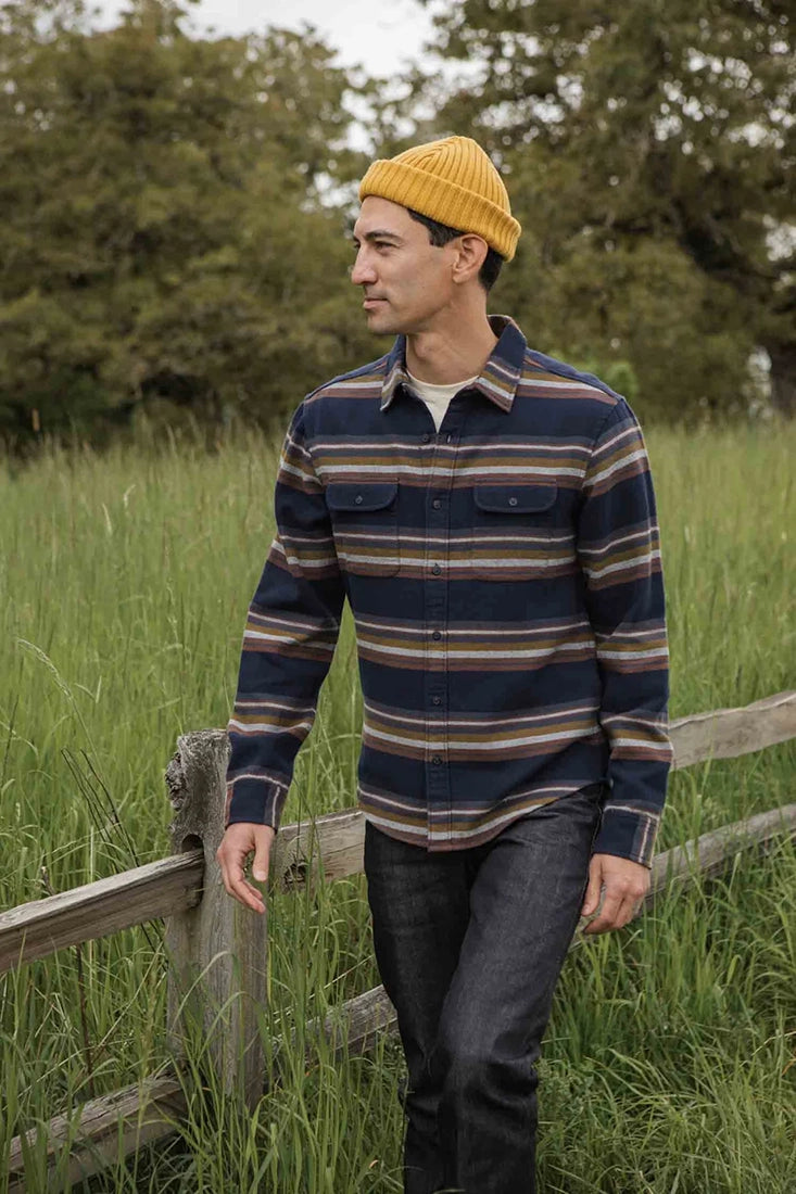 Bridge & Burn Cole Shirt in Coastline Stripe – Slim-fit striped flannel shirt styled with dark jeans and mustard beanie – The Simple Man