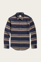 Bridge & Burn Cole Slim Shirt – Flat lay of striped flannel button-up in navy, brown, and gold tones – The Simple Man
