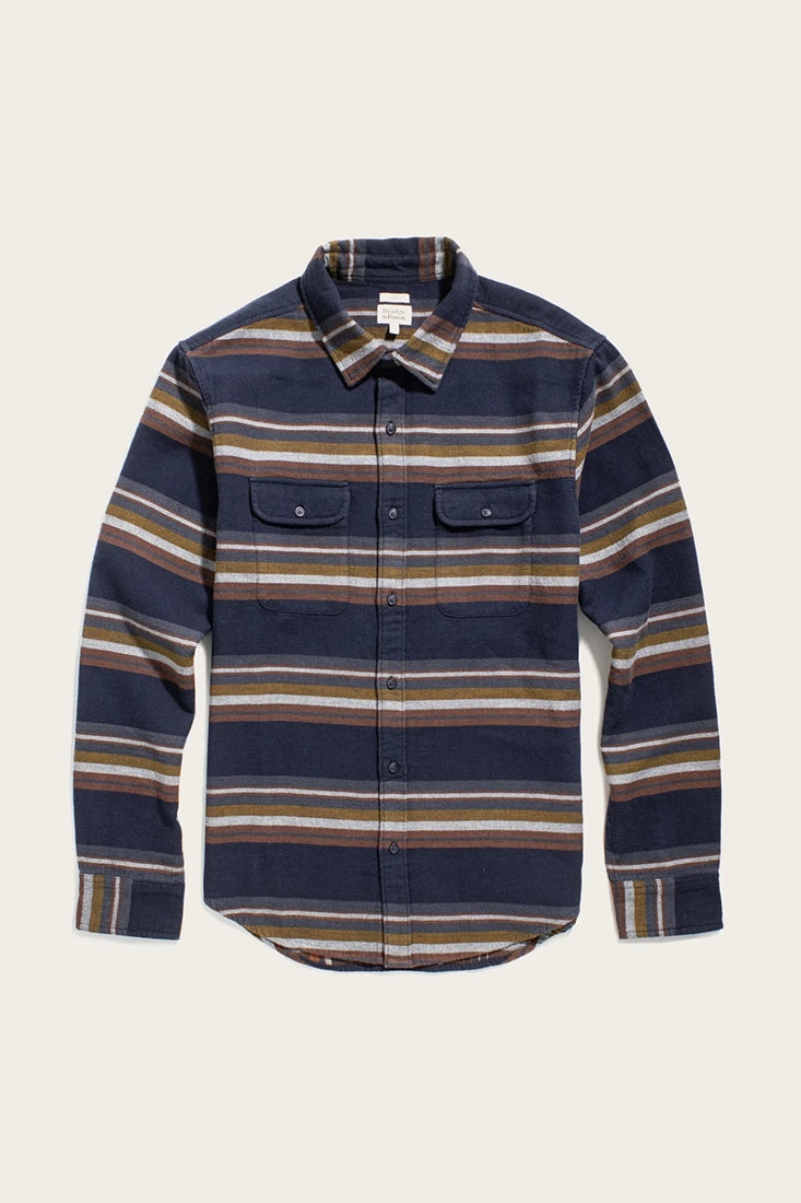 Bridge & Burn Cole Slim Shirt – Flat lay of striped flannel button-up in navy, brown, and gold tones – The Simple Man