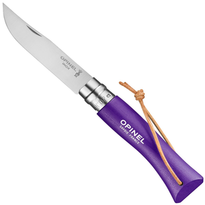 Opinel Colorama No. 7 stainless steel pocket knife in violet with tinted hornbeam handle and leather lanyard, The Simple Man