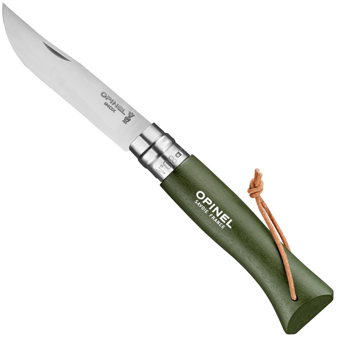 Opinel Colorama No. 8 stainless steel pocket knife in khaki green with tinted hornbeam handle and leather lanyard, The Simple Man