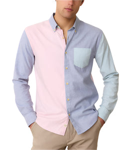 Model Wearing Marine Layer California Oxford shirt in multi color block, front  view
