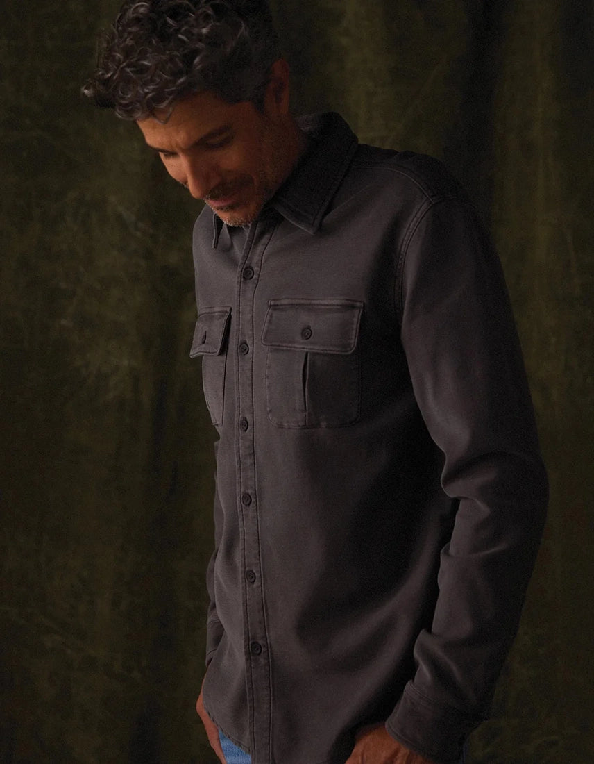 Comfort Terry Shirt Jacket in steel worn open by male model with jeans
