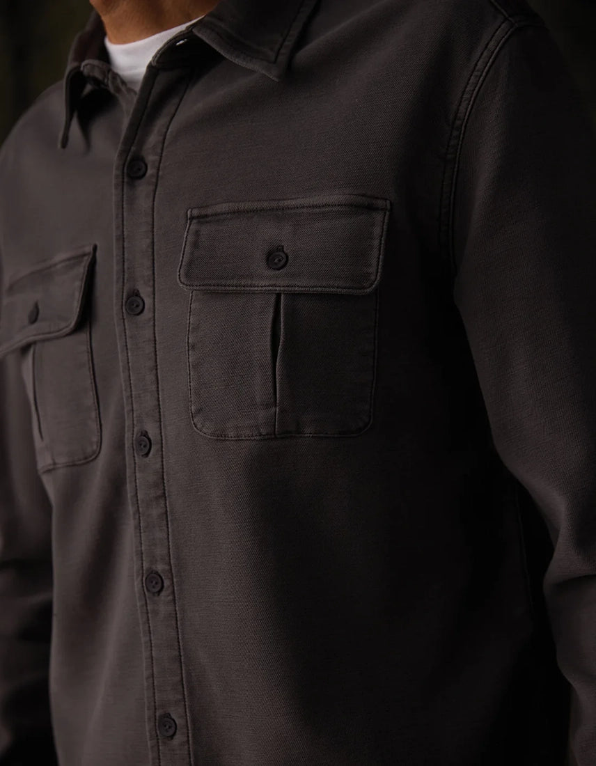 Detail shot of dual snap chest pockets on Comfort Terry Shirt Jacket in soft twill