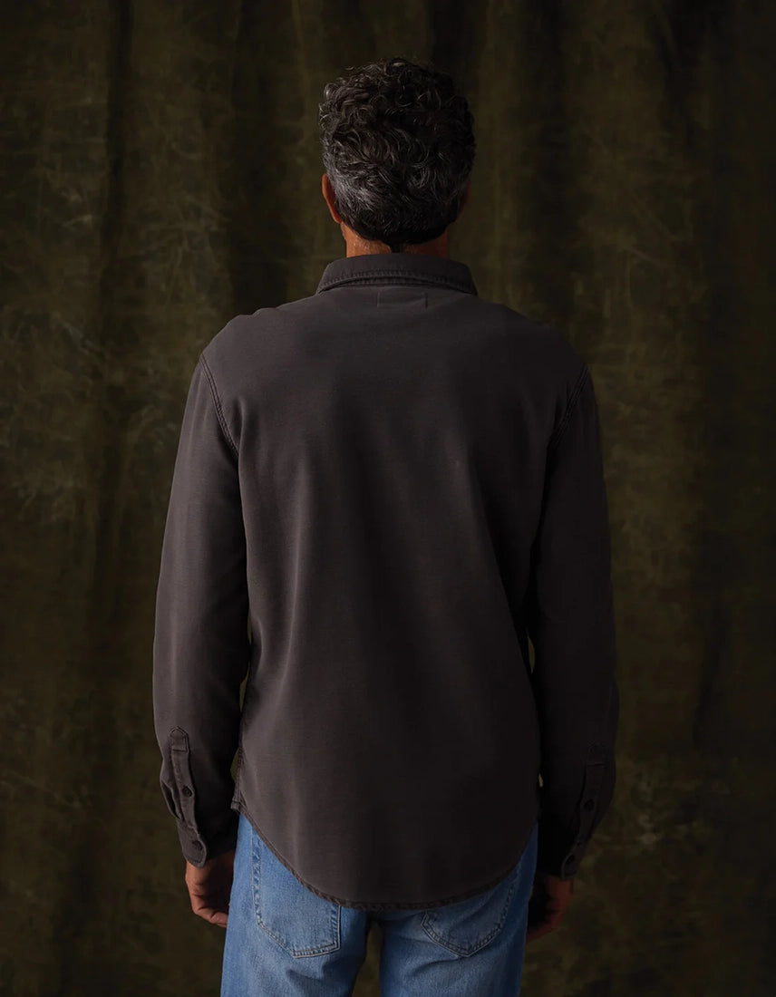 Back view of Comfort Terry Shirt Jacket in steel color worn by male model