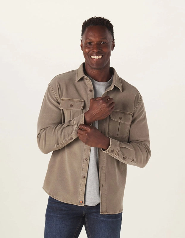 Model Wearing The Normal Brand Comfort Terry Shirt Jacket in Taupe, Front view