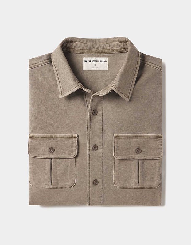 The Normal Brand Comfort Terry Shirt Jacket in Taupe, Flat lay view
