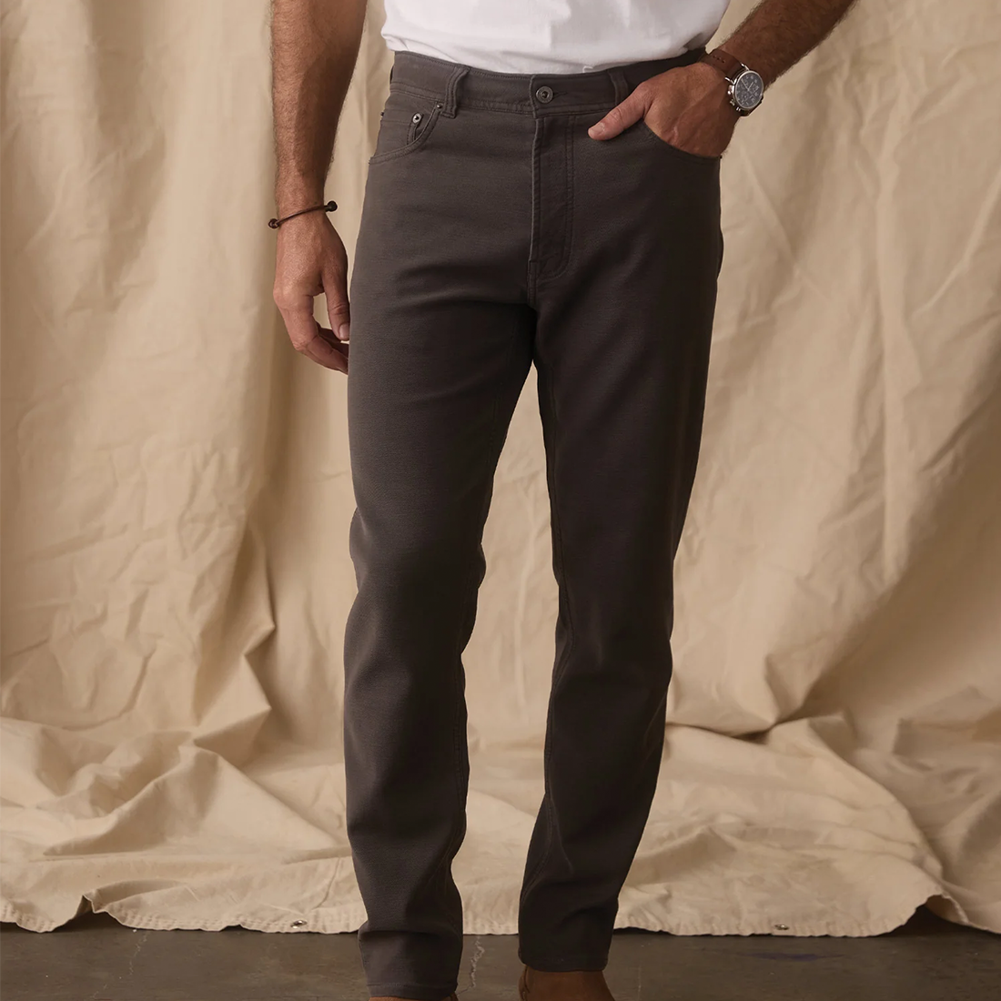 Comfort Terry Straight Pant in Steel, front view showing 5-pocket styling and button fly