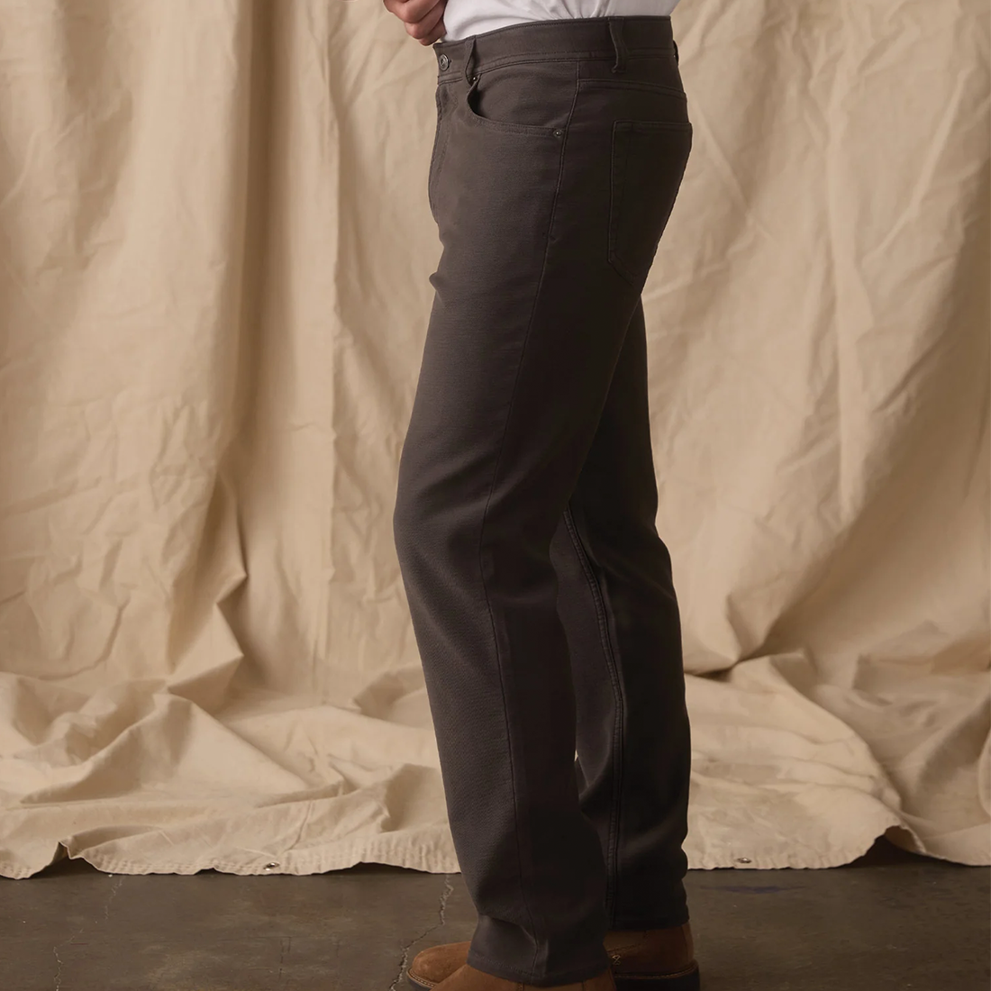 Comfort Terry Straight Pant in Steel, side profile view showing straight leg fit