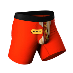 Side view of red Ball Hammock® underwear with fly, hot dog pouch design, novelty boxer briefs for men sold at The Simple Man.