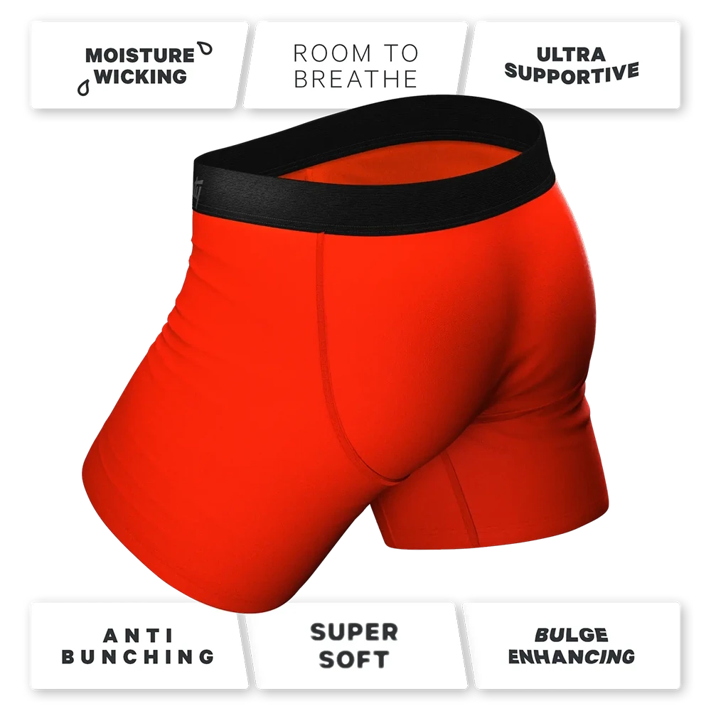 Back view of hot dog print boxer briefs highlighting features like moisture wicking, bulge support, and anti-bunching—underwear for men by The Simple Man.