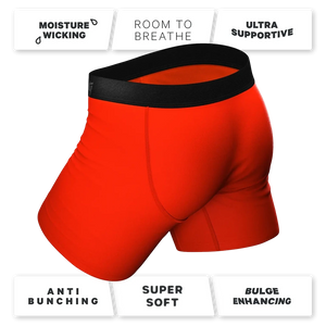Back view of hot dog print boxer briefs highlighting features like moisture wicking, bulge support, and anti-bunching—underwear for men by The Simple Man.