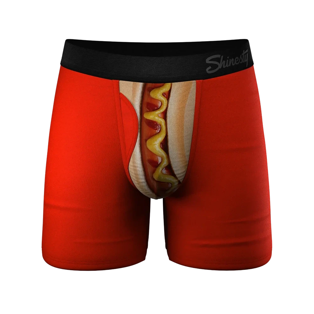 Front view of Coney Islands Ball Hammock® underwear featuring hot dog print pouch with mustard and ketchup design, men's novelty boxer briefs from The Simple Man.