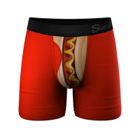 Front view of Coney Islands Ball Hammock® underwear featuring hot dog print pouch with mustard and ketchup design, men's novelty boxer briefs from The Simple Man.