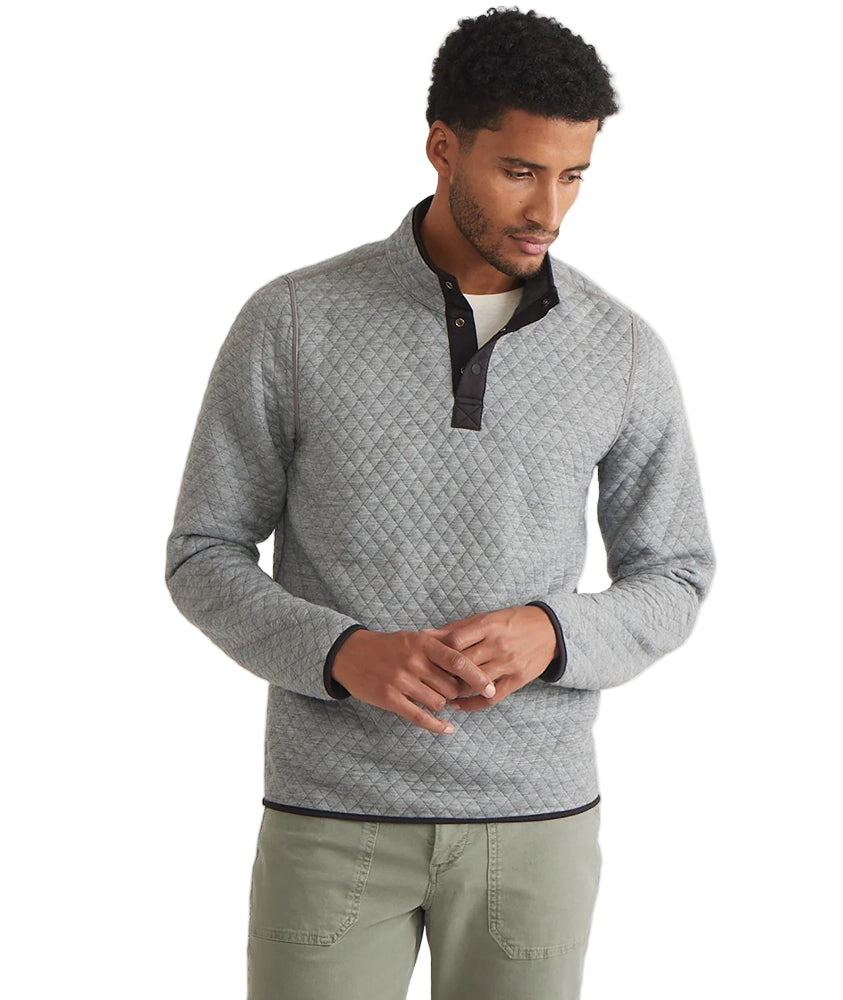Close-up front of Marine Layer reversible Corbet Pullover in heather grey with snap collar detail