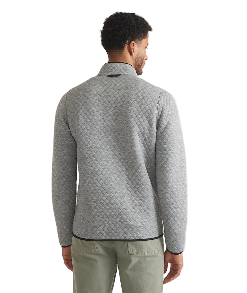 Rear view of Marine Layer men’s reversible pullover in mid heather grey quilted texture