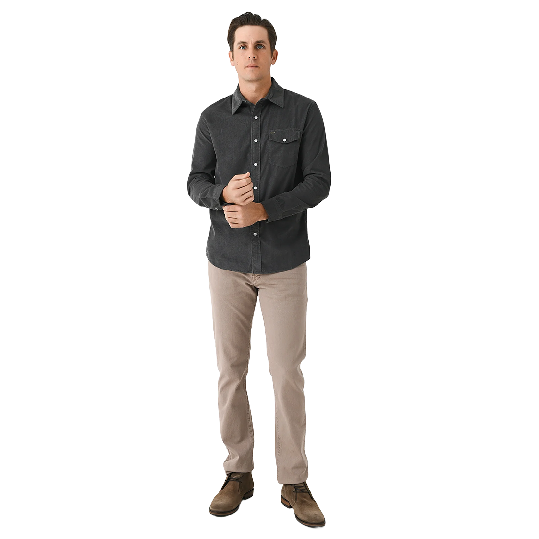 Man wearing Corduroy Pearl Snap Shirt in Charcoal full length front view, styled with khaki pants - The Simple Man