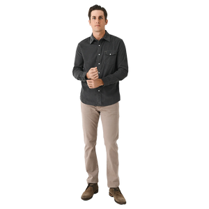 Man wearing Corduroy Pearl Snap Shirt in Charcoal full length front view, styled with khaki pants - The Simple Man