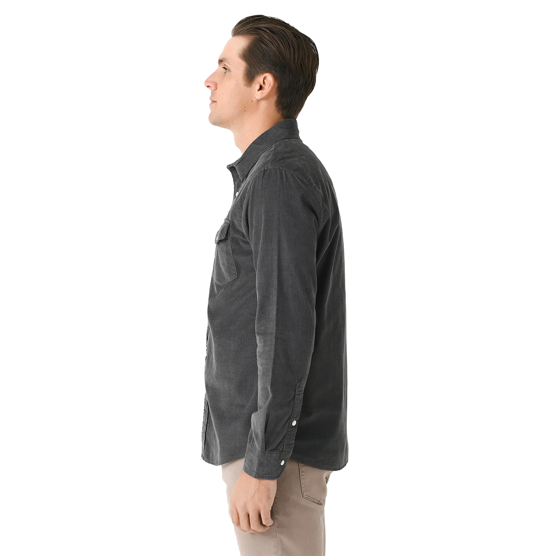 Man wearing Corduroy Pearl Snap Shirt in Charcoal, side profile view showing chest pocket - The Simple Man
