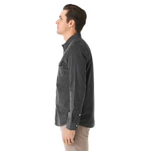Man wearing Corduroy Pearl Snap Shirt in Charcoal, side profile view showing chest pocket - The Simple Man