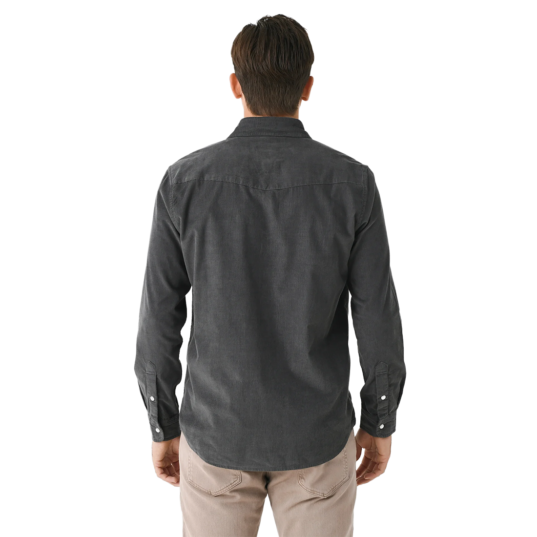 Man wearing Corduroy Pearl Snap Shirt in Charcoal from behind, showing western back yoke - The Simple Man