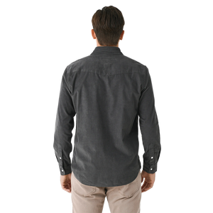 Man wearing Corduroy Pearl Snap Shirt in Charcoal from behind, showing western back yoke - The Simple Man