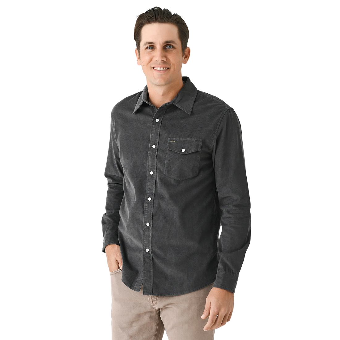 Man wearing Corduroy Pearl Snap Shirt in Charcoal, smiling, styled with khaki pants - The Simple Man