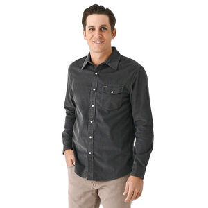 Man wearing Corduroy Pearl Snap Shirt in Charcoal, smiling, styled with khaki pants - The Simple Man