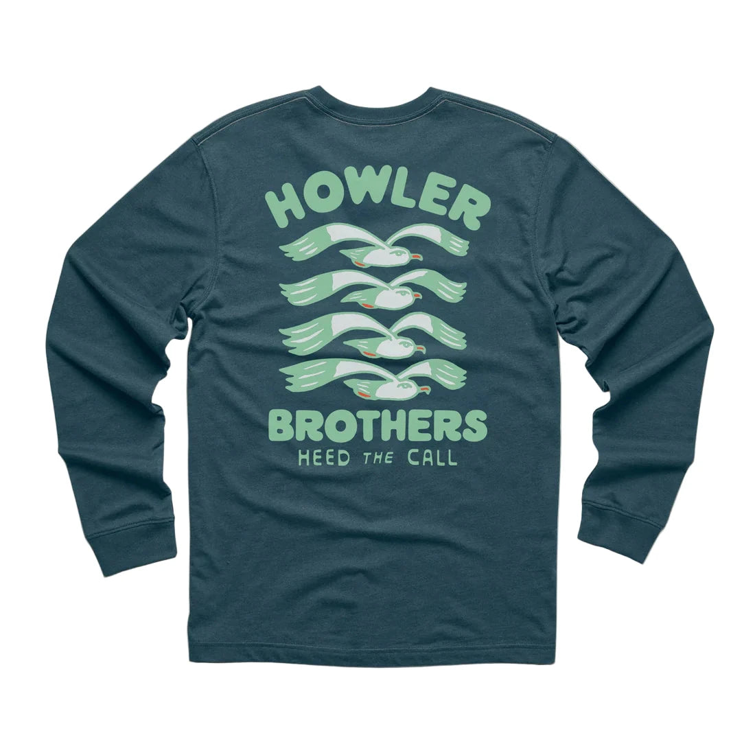Flat lay back view of Howler Brothers Flocka Seagulls tee with graphic seagull print and "Heed the Call" lettering in soft water-based ink