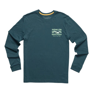 Flat lay of Flocka Seagulls long sleeve tee by Howler Brothers, front chest logo detail, 100% cotton resin-washed fabric in Key Largo color