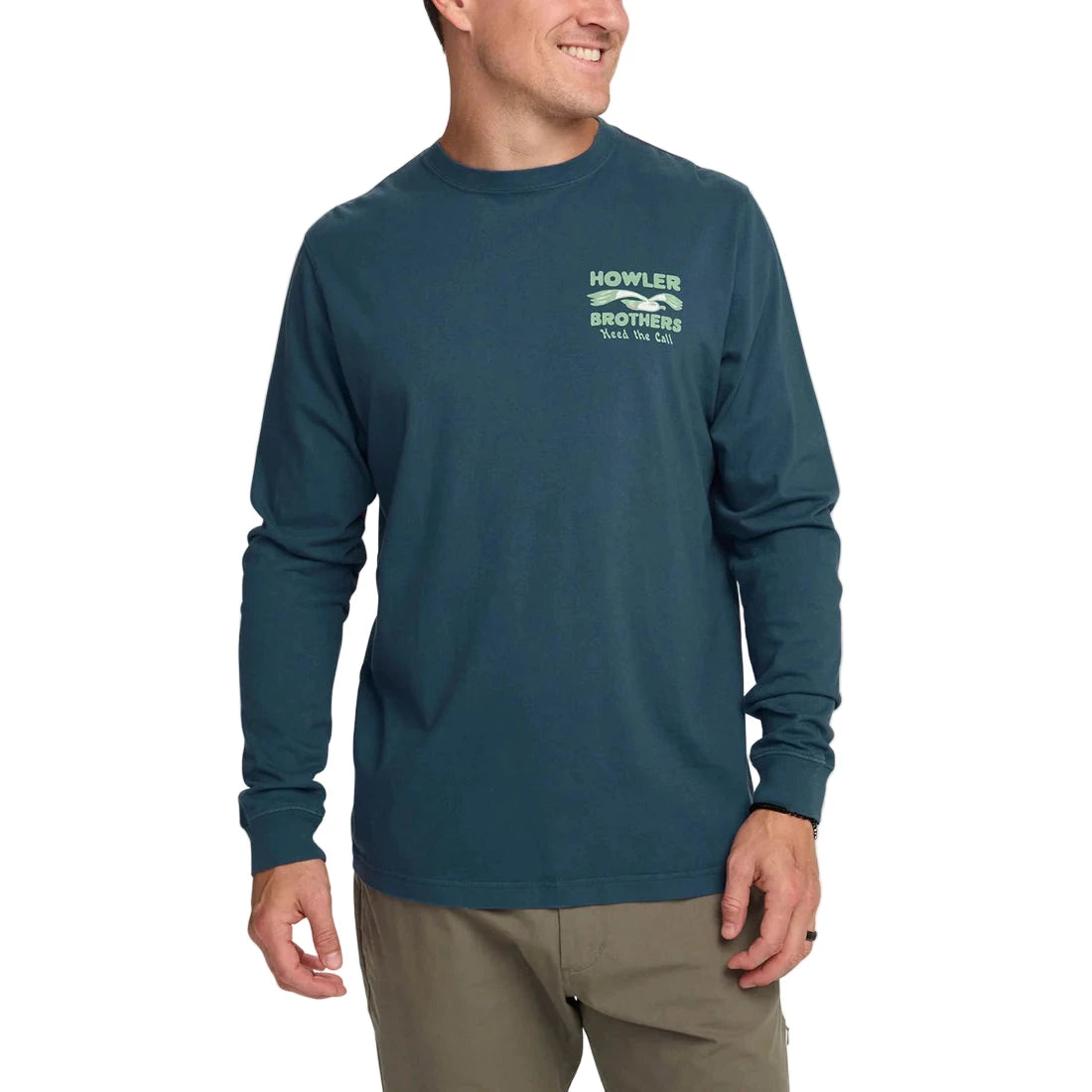 Front view of Howler Brothers Flocka Seagulls long sleeve cotton shirt in teal blue, soft screen print and regular fit shown on male model