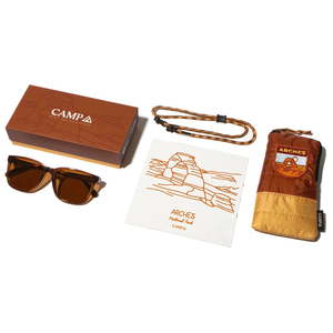 Crag Sunglasses Arches Edition with box, cleaning cloth, paracord retainer, and travel pouch