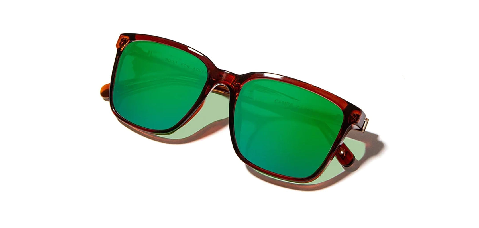 Camp Clay / Walnut Sunglasses with HD + Green Flash polarized Lenses front angled closed temple view