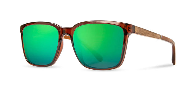 Camp Clay / Walnut Sunglasses with HD + Green Flash polarized Lenses front angled view