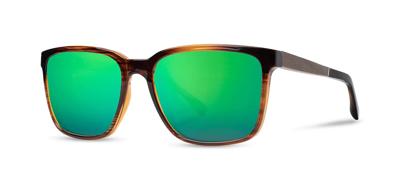 Camp Crag Sunglasses in Tortoise with walnut frames,  HD + Green flash Polarized lenses, front angled view