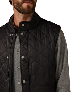 Close-up of quilted stitching and snap-button collar on black water-repellent Crest Quilted Vest