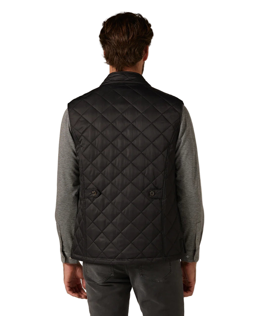 Back view of men's black quilted vest showing diamond pattern and buttoned side vents – The Simple Man